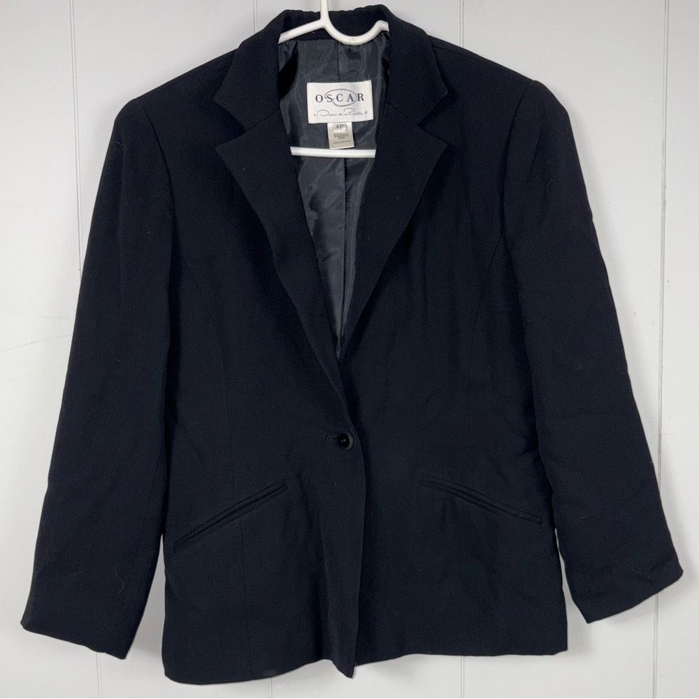 Oscar De La Renta Vintage Black Button Blazer Jacket 4R Wool Blend Classic Work